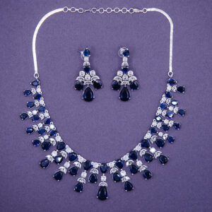 Silver Statement Necklace Set with Deep Blue Teardrop Crystals