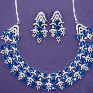 Royal Silver Necklace & Earrings Set with Deep Blue Oval Stones – Luxury Statement Jewelry