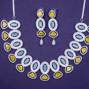 Luxury Silver Necklace & Earrings Set with Yellow and Sky-Blue Stones – Export Quality Statement Jewelry