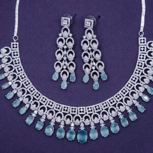 Elegant Silver-Tone Necklace Set with Aqua Oval Stones & Long Earrings