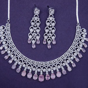 Luxury Silver-Tone Necklace Set with Pink Oval Stones & Long Drop Earrings