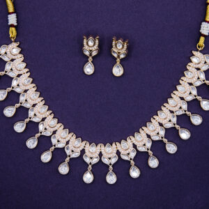 Traditional Kundan-Style Bridal Necklace Set with Pear Drop Stones – Gold Tone