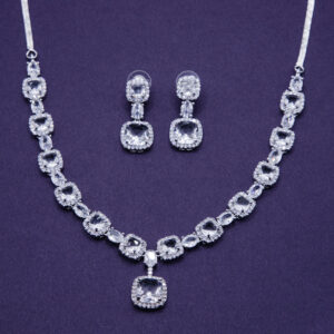 Cushion-Cut White Crystal Necklace & Earrings Set – Bridal & Party Wear Jewelry