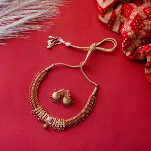 Red & Gold Beaded Imitation Necklace Set with Earrings | Traditional Kundan-Inspired Design