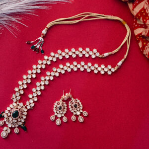 Gold Kundan Double-Layer Necklace Set with Dark Green Accent Stones