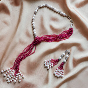 Pearl & Magenta Seed Bead Tassel Necklace Set – Handcrafted Statement Jewelry with Matching Earrings