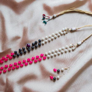 Double-Strand Pearl, Pink & Black Beaded Necklace Set – Handcrafted Statement Jewelry with Earrings