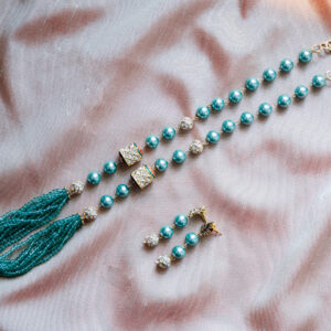 Teal Pearl & Crystal Bead Necklace Set with Gold-Tone Accents – Handcrafted Statement Jewelry with Matching Earrings