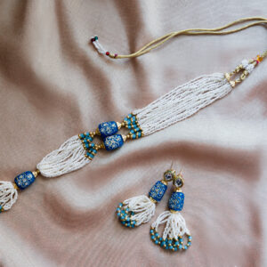Handcrafted Blue & White Beaded Necklace with Earrings – Traditional Ethnic Jewelry Set