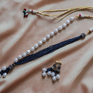 Handcrafted Navy Blue & Pearl Beaded Necklace with Earrings – Elegant Traditional Jewelry Set