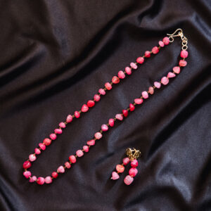 Handcrafted Pink Stone Beaded Necklace with Matching Earrings – Elegant Semi-Precious Jewelry Set