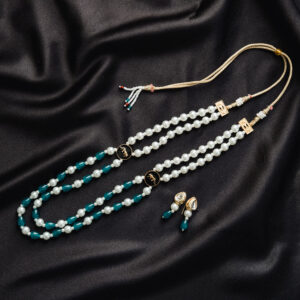 Double-Strand Pearl & Teal Beaded Necklace Set – Handcrafted Traditional Jewelry with Matching Earrings