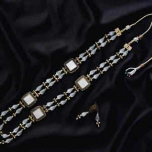 Double-Strand White & Gold Beaded Necklace Set with Square Accents – Handcrafted Traditional Jewelry with Earrings