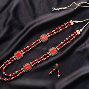 Double-Strand Red & Gold Beaded Necklace Set with Square Accents – Handcrafted Traditional Jewelry with Earrings