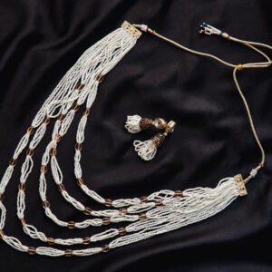 Handcrafted Multi-Strand White Seed Bead Necklace with Crystal Accents & Matching Earrings – Ethnic Statement Jewelry