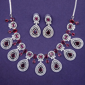 Luxury Silver Ruby Red Bridal Necklace & Earrings Set for Weddings & Special Occasions